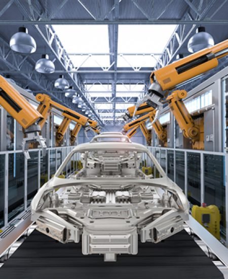 3d rendering robot assembly line in car factory