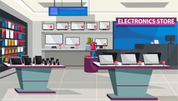 Electronic store interior design background. Appliances shop department, shelves gadgets assortment. Discounts sales of laptop, screens, computers or TV, tech products. Vector illustration